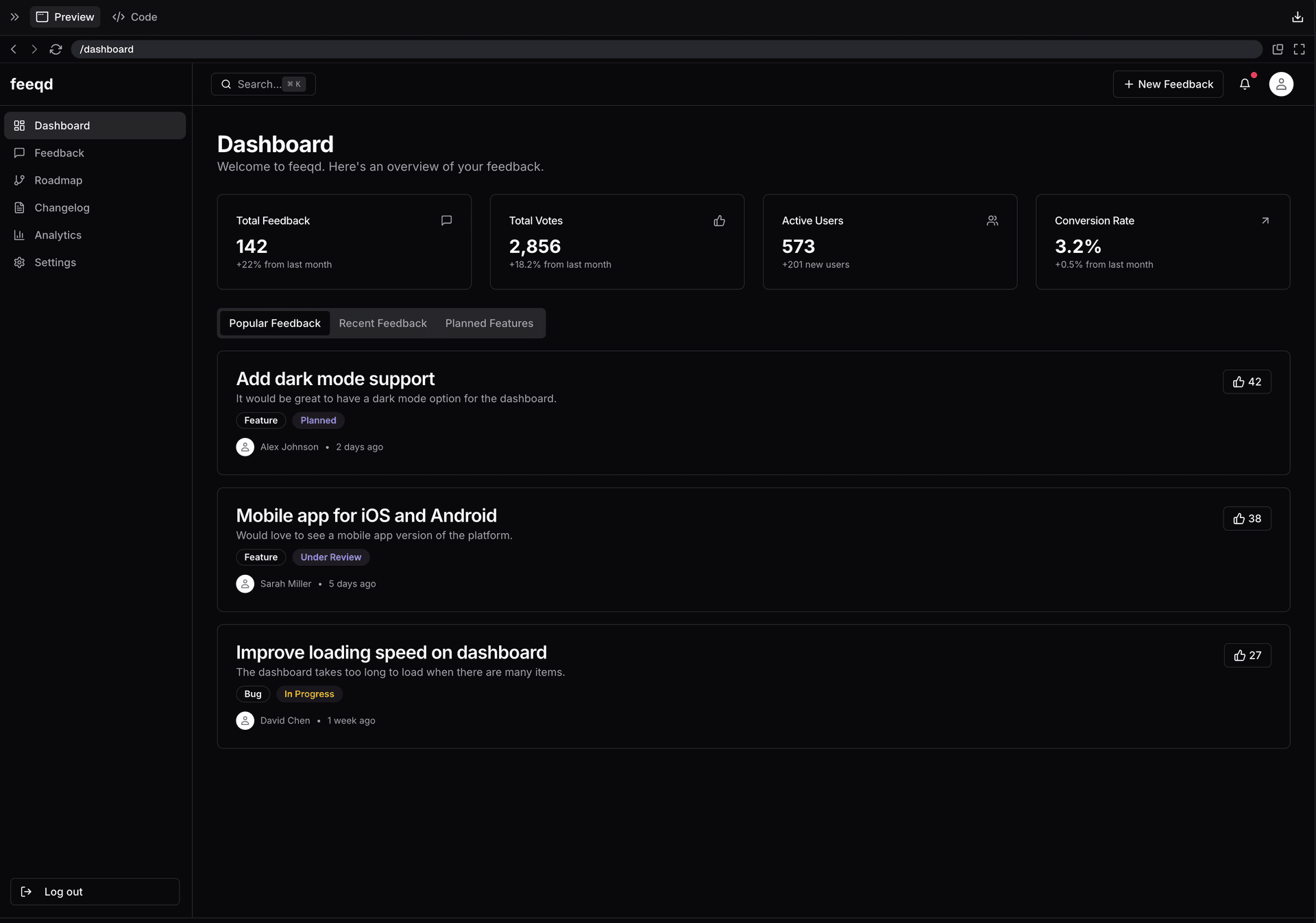 General view of the feeqd dashboard
