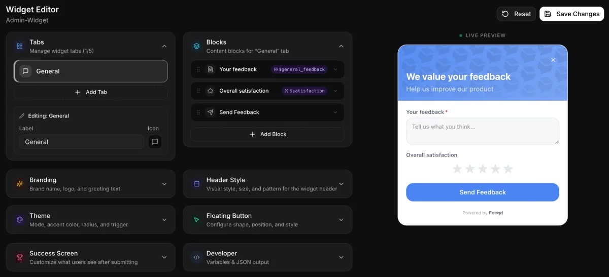 Feeqd widget editor with drag-and-drop blocks and live preview